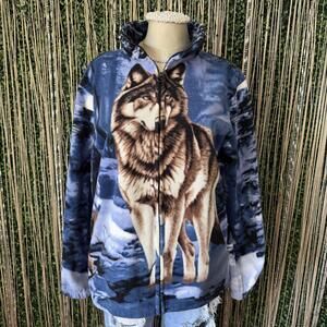Cozy Wolf Print Fleece Jacket with Zip-Up Front unisex